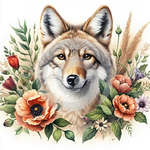 Portrait of a wolf with flowers. Watercolor illustration. Isolated on white background