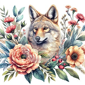 Portrait of a wolf with flowers. Watercolor illustration. Isolated on white background