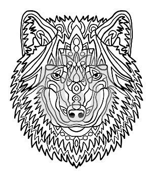 Portrait of a wolf. Hand drawn patterns for coloring. Freehand sketch drawing for adult antistress coloring book in