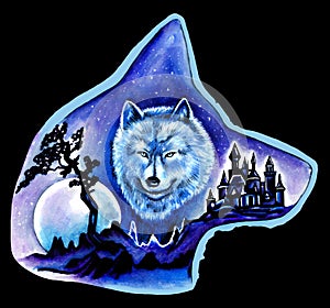 Portrait of a wolf with a mystical landscape. In the outline of the silhouette of the wolf`s head.