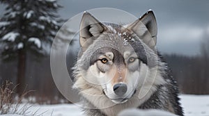 Portrait Of The Wolf In A Snowy Landy, AI Generative, World Animals Day photo