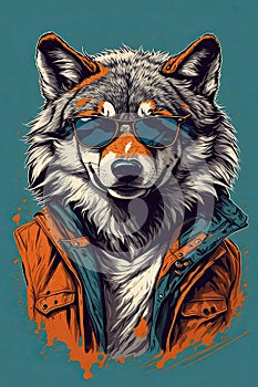 Portrait of a wolf in sunglasses and a jacket. Vector illustration.