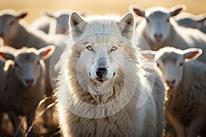 A portrait of Wolf surrounded by sheep