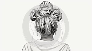 Photorealistic Black And White Hair Illustration In High Braided Updo