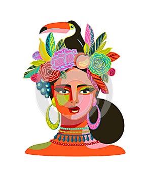 Portrait of woman in brazil carnival outfit. Vector isolated abstract illustration. Design elements for carnival concept