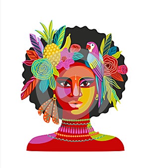 Portrait of woman in brazil carnival outfit. Vector isolated abstract illustration. Design elements for carnival concept