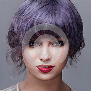 Portrait of a woman with bright colored hair purple. Hair coloring, beautiful lips and makeup. Woman with short  hair.