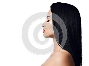 Portrait of woman brunette with long straight hair, bare shoulders, closed eyes and perfect lips. Advertisement concept