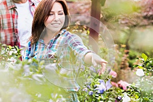 Portrait of woman buyer pointing flower in shop