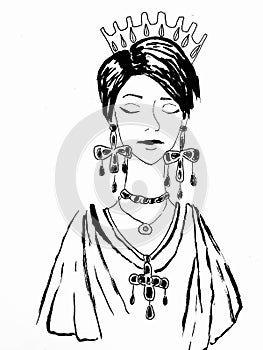 Portrait of a woman in a crown and massive earrings in jewelry ink illustration