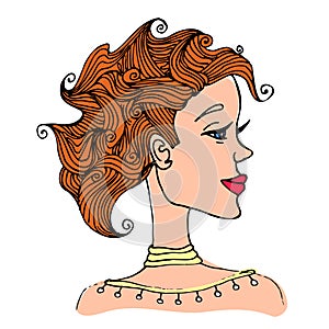 Portrait of woman with curly hair in profile. Vector illustration, isolated on white background.