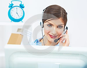 Portrait of woman customer service worker, call center smiling