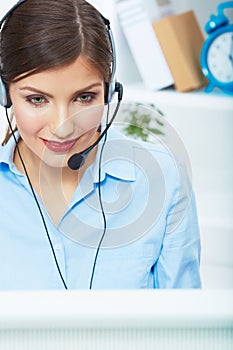 Portrait of woman customer service worker, call center smiling