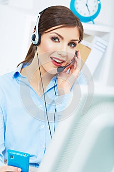 Portrait of woman customer service worker, call center smiling