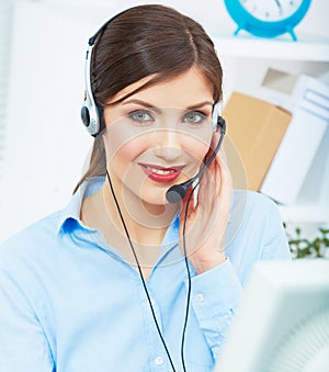 Portrait of woman customer service worker, call center smiling