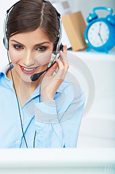 Portrait of woman customer service worker, call center smiling