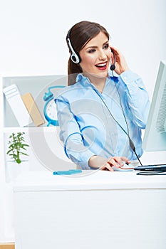 Portrait of woman customer service worker, call center smiling