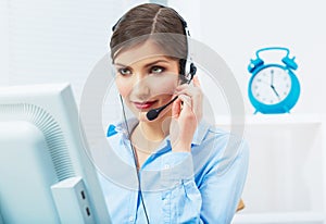 Portrait of woman customer service worker, call center smiling