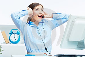 Portrait of woman customer service worker, call center smiling