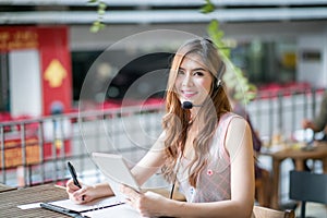 Portrait of woman customer service worker, call center smiling o