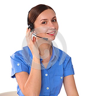 Portrait of woman customer service worker, call center smiling operator with phone headset isolated on white background