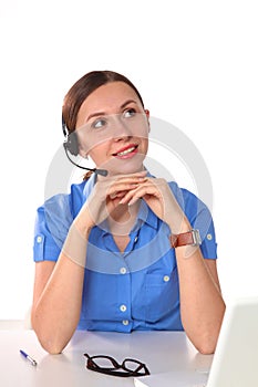 Portrait of woman customer service worker, call center smiling operator with phone headset isolated on white background