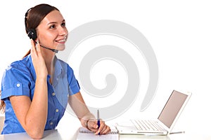 Portrait of woman customer service worker, call center smiling operator with phone headset isolated on white background