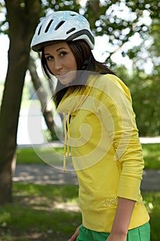 Portrait of woman in cycle helmet