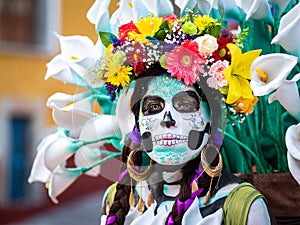 Portrait of a Woman with Day of the Dead Costumes and Skull Makeup, Guanajuato, Mexico
