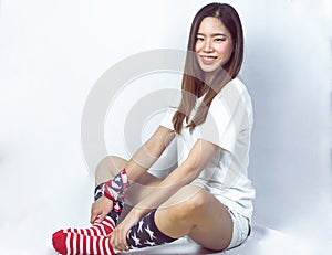 Portrait of woman with decoration of American flag for celebrating independence day on 4th of July