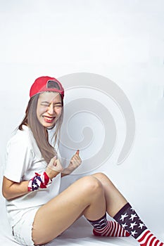 Portrait of woman with decoration of American flag for celebrating independence day on 4th of July