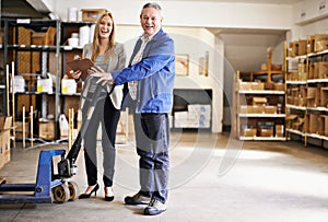 Portrait, woman or delivery man on clipboard in warehouse, logistics or distribution of sales orders. Happy