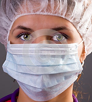 Portrait of a woman doctor wearing mask and cap