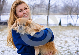 Portrait of woman with a dog, modern woman life