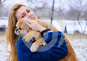 Portrait of woman with a dog, modern woman life