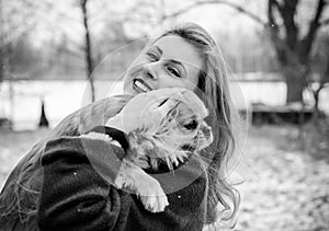 Portrait of woman with a dog, modern woman life