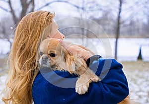 Portrait of woman with a dog, modern woman life
