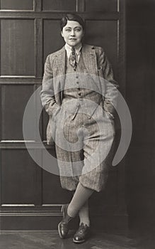 Portrait of woman dressed in men's clothing, 1920s