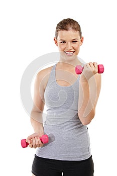 Portrait of woman, dumbbell and workout in studio for training, exercise and smile for fitness results with mockup