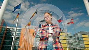 Portrait of Woman with EU Countries Flags in European Parliament in Luxembourg