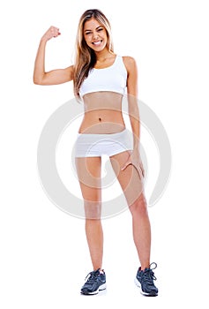 Portrait, woman or fitness as strength, health or energy to exercise, workout or sport in studio. Bodybuilder, flex or