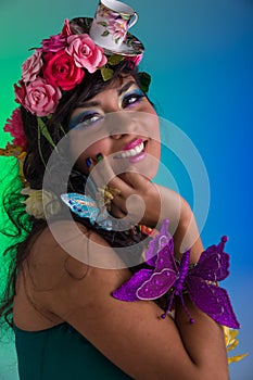 Portrait of woman with floral wig