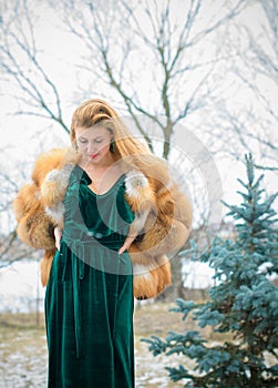 Portrait of woman in fur coat, modern woman life