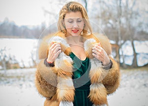 Portrait of woman in fur coat, modern woman life