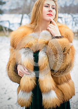 Portrait of woman in fur coat, modern woman life