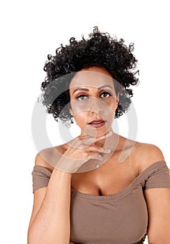 Portrait of woman with fussy black hair