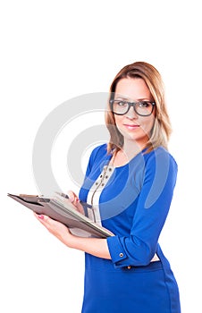 Portrait of a woman in glasses and with folder in her hands