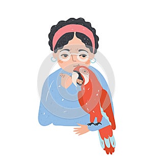 Portrait of woman in glasses holding her macaw parrot and feeding it. Beautiful female cartoon character with exotic