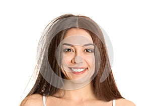 Portrait of woman before and after hair coloring on white background