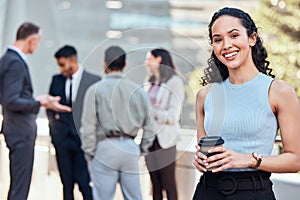 Portrait, woman and happy outdoor with coffee on break for work in confidence for career, job and opportunity. Female